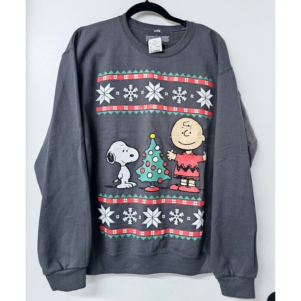 PEANUTS Dark Gray Snoopy & Charlie Brown Long Sleeve Holiday Christmas Women...